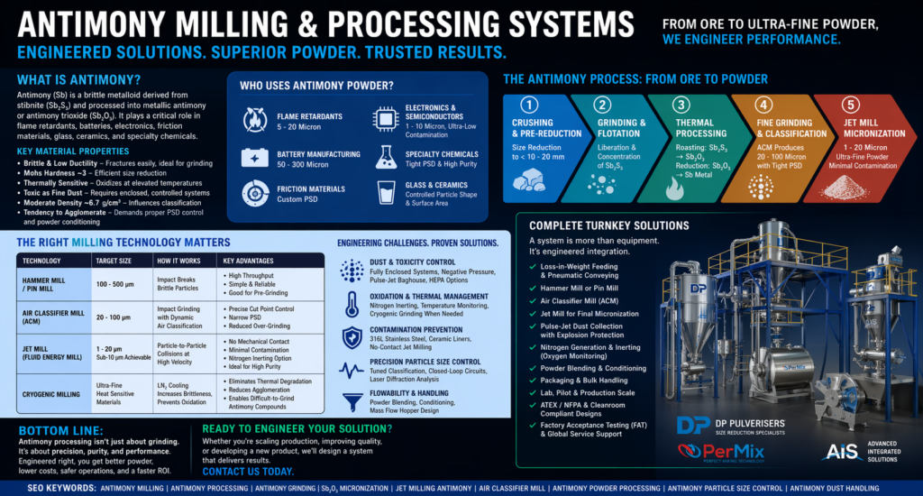 Infographic banner detailing Antimony Milling & Processing Systems, from ore crushing to jet mill micronization and turnkey solutions.